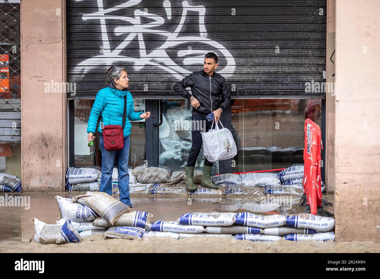 Bologna, Italy. 17th May, 2023. Bad weather via Saffi is a river of