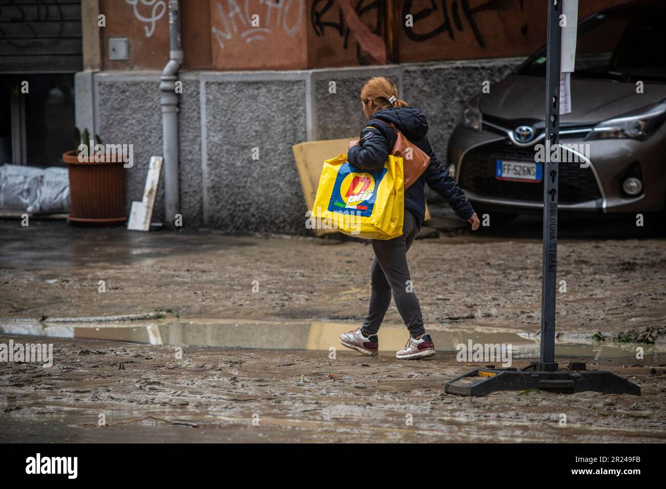 Bologna, Italy. 17th May, 2023. Bad weather via Saffi is a river of
