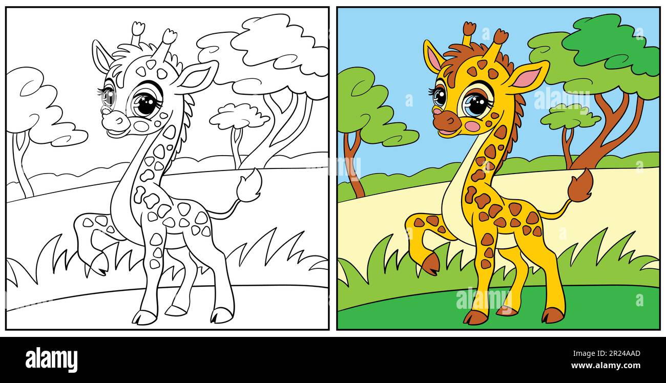 Cute happy giraffe in the savanna. Vector cartoon illustration. Kids coloring page with a color sample. For print, design, poster, sticker, card, deco Stock Vector