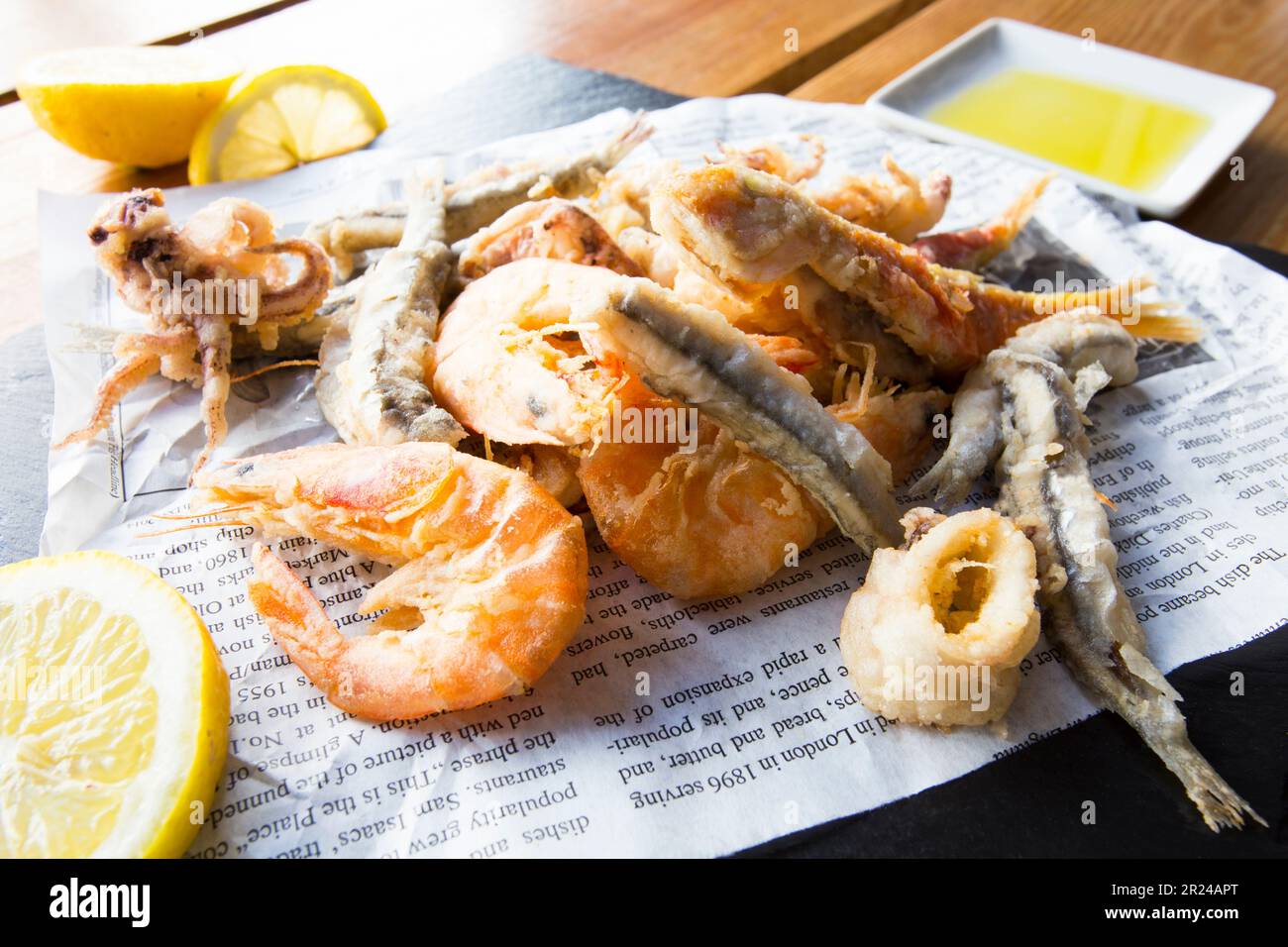 Variety of fried fish in south of spain. Traditional spanish tapa. Stock Photo