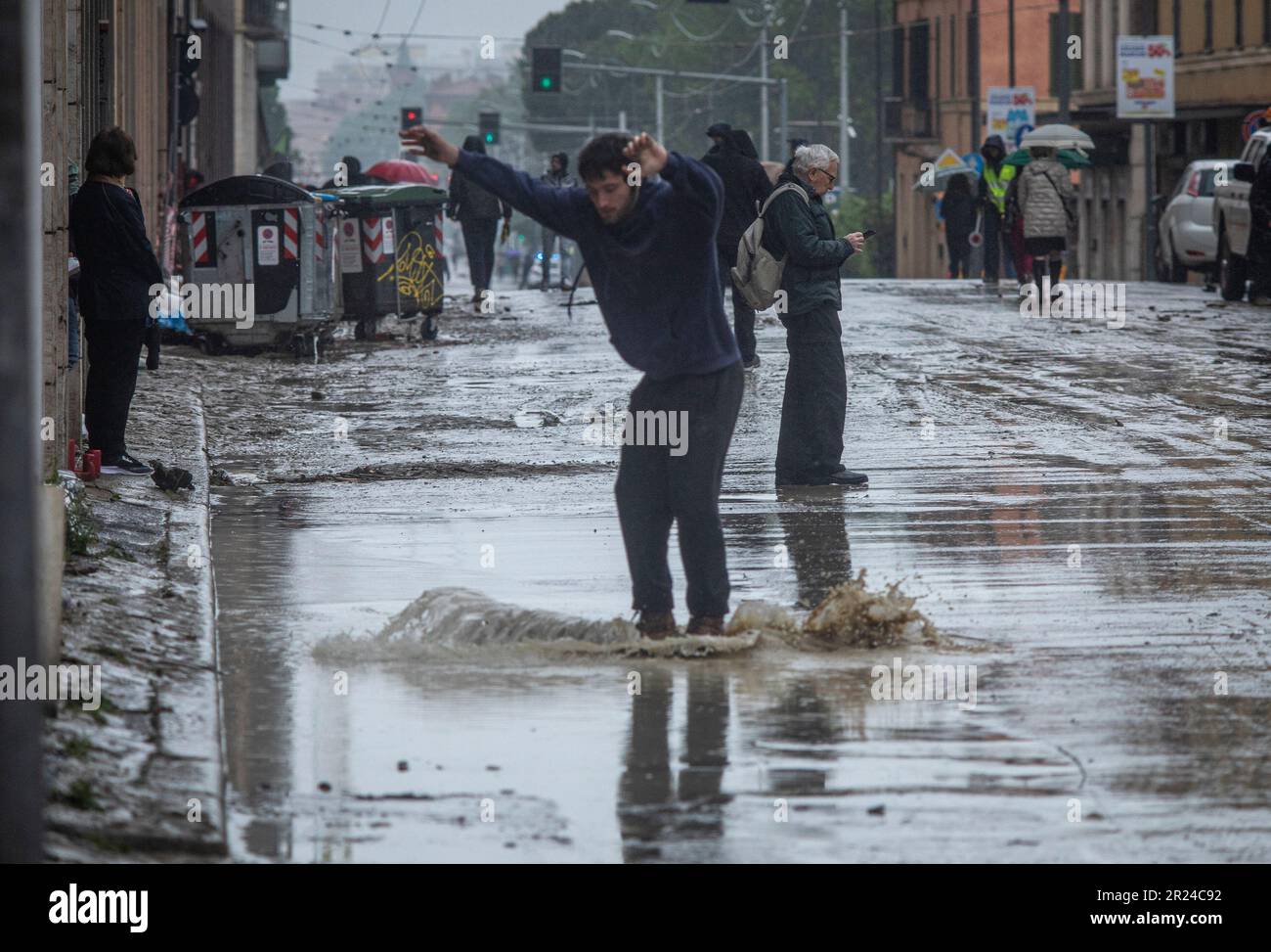 Bologna, Italy. 17th May, 2023. Bad weather via Saffi is a river of