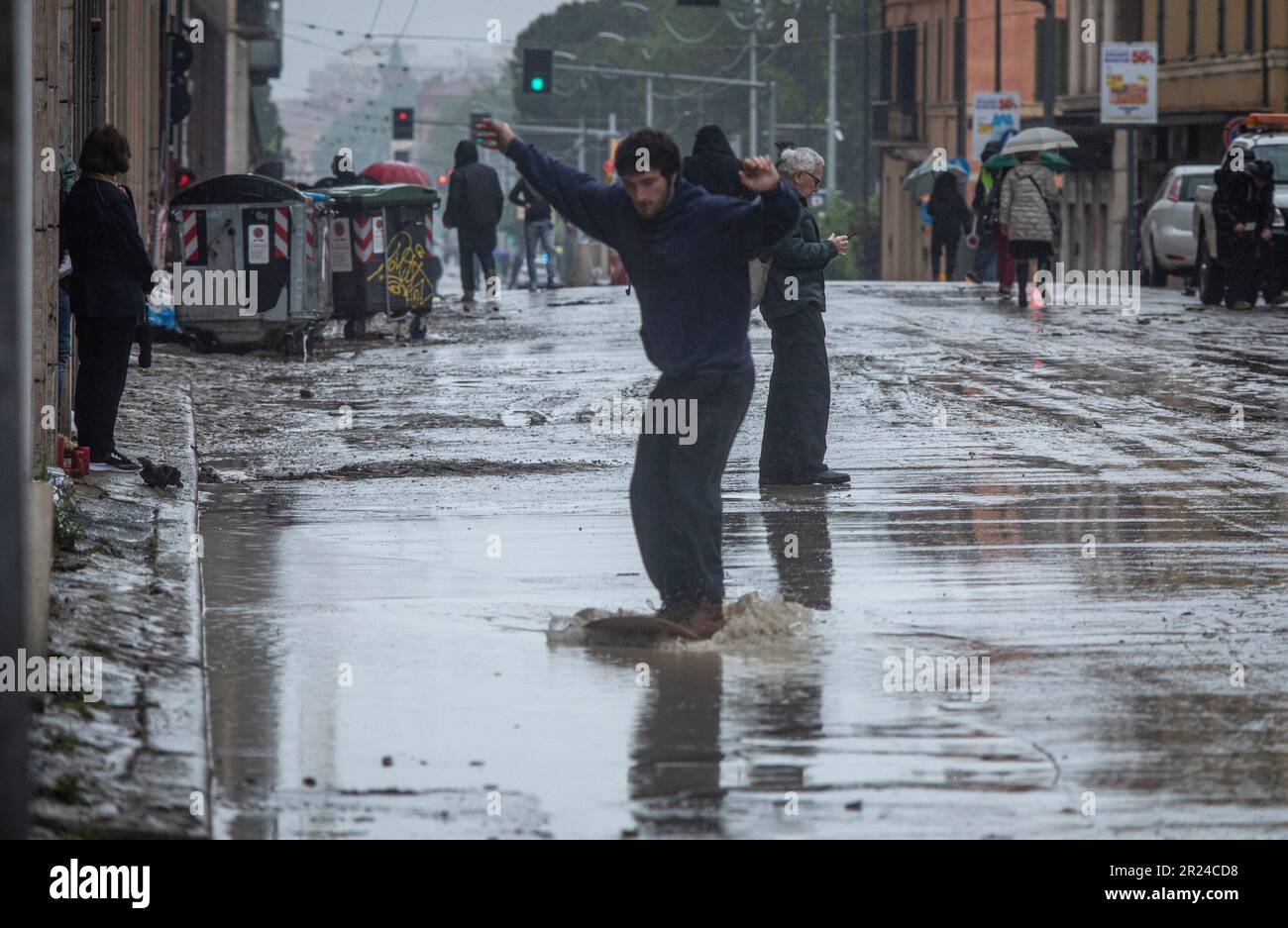 Bologna, Italy. 17th May, 2023. Bad weather via Saffi is a river of