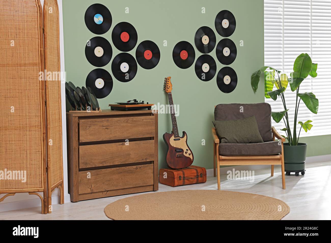 Living room interior decorated with vinyl records Stock Photo - Alamy