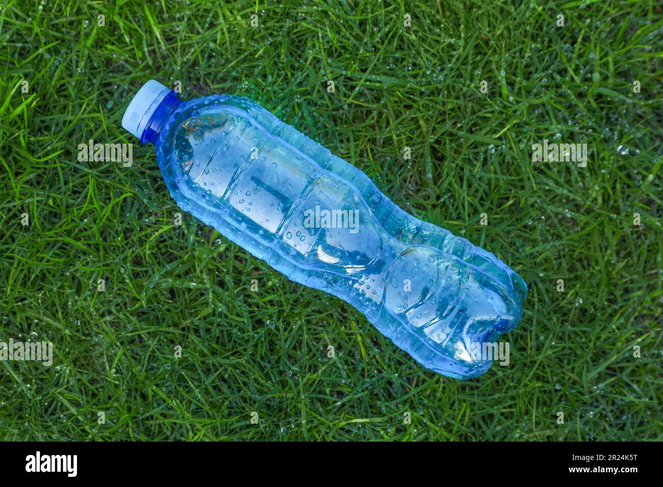 Plastic bottle of water on green grass outdoors, top view Stock Photo ...