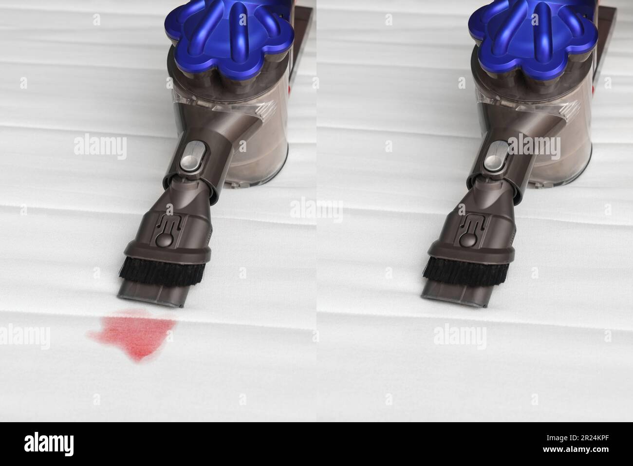 Modern vacuum cleaner on white mattress. Collage with photos before and after cleaning Stock