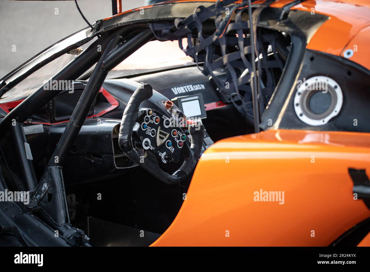 Detail of a Vortex racing car, interior view of the cockpit and