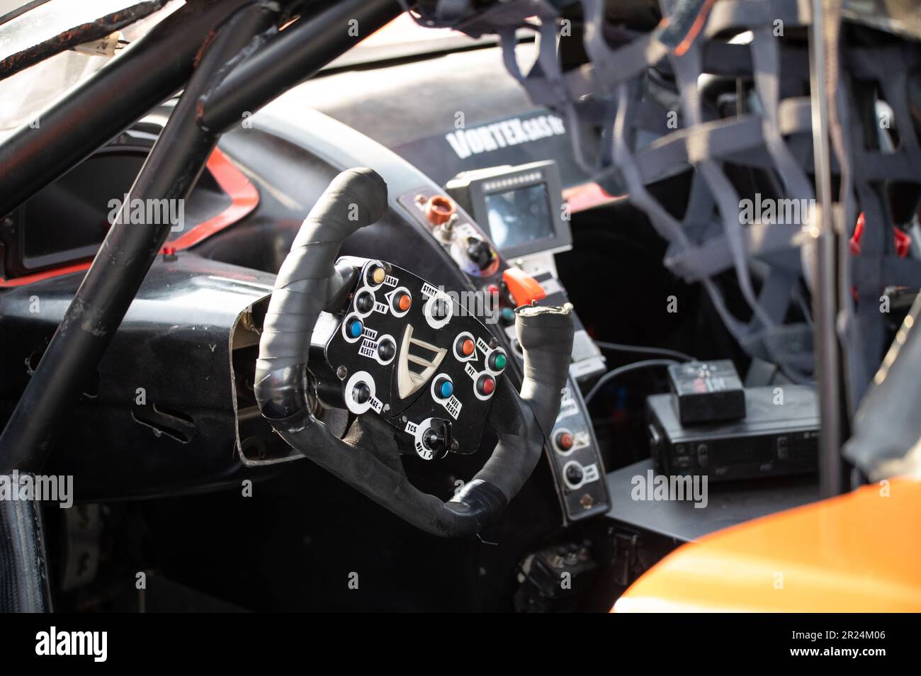 Detail of a Vortex racing car, interior view of the cockpit and
