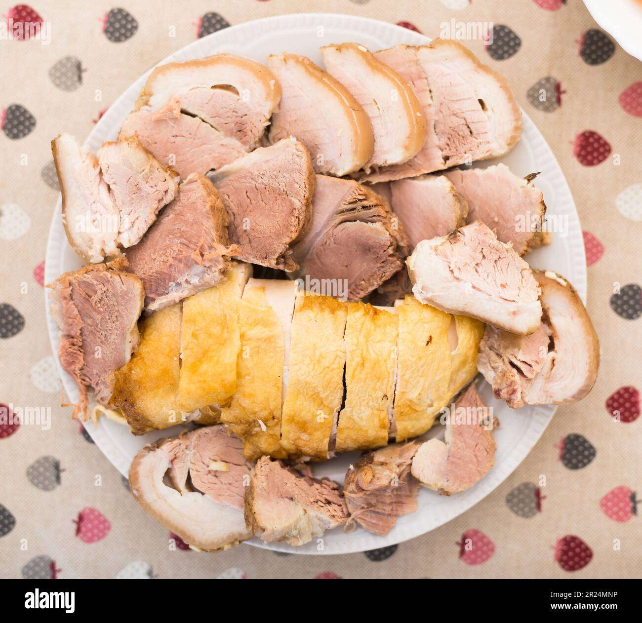 cold cuts of different types of cooked meat on plate. top view Stock Photo Alamy