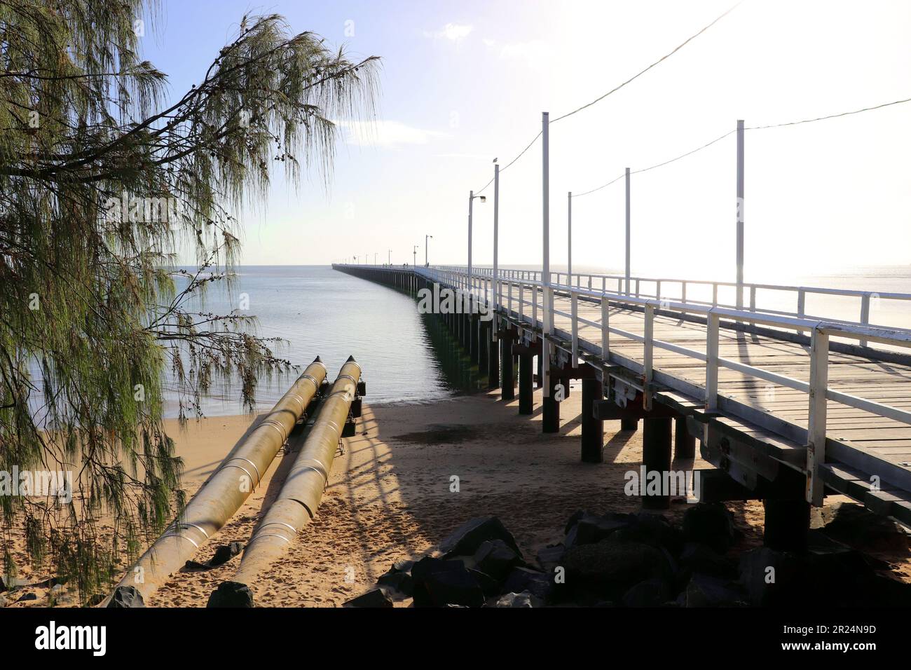 An aerial view of the iconic Urangan Pier in Hervey Bay, Queensland