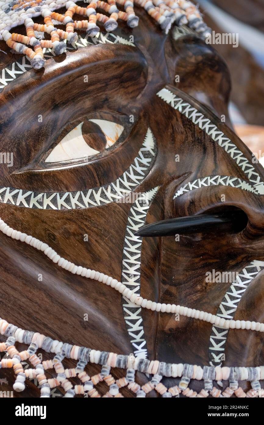 New Georgia Islands, Solomon Islands, Marovo Lagoon, Mbili Island, Mbili Village. World class wooden mask with inlay seashell, mask. Stock Photo