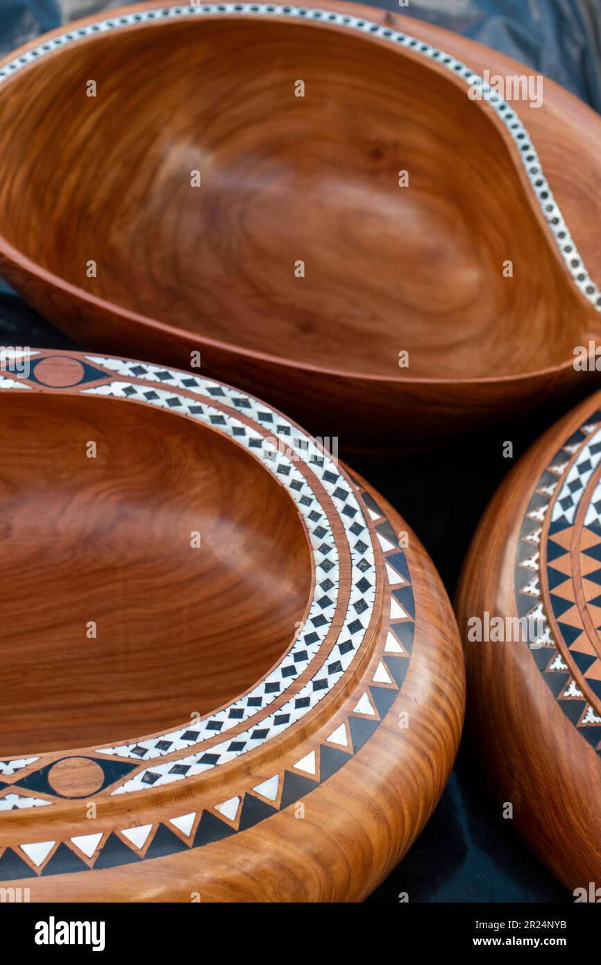 New Georgia Islands, Solomon Islands, Marovo Lagoon, Mbili Island, Mbili Village. World class wood carvings with inlay seashell, bowls. Stock Photo