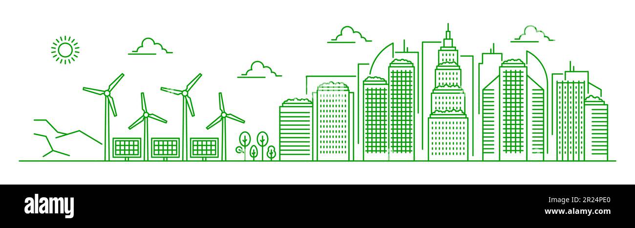 Eco city landscape with green energy buildings, vector ecology and ...