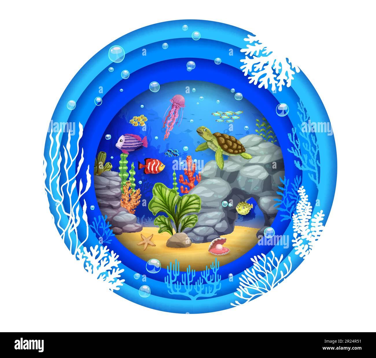 Cartoon turtle, fish and seaweeds in underwater paper cut, vector ...