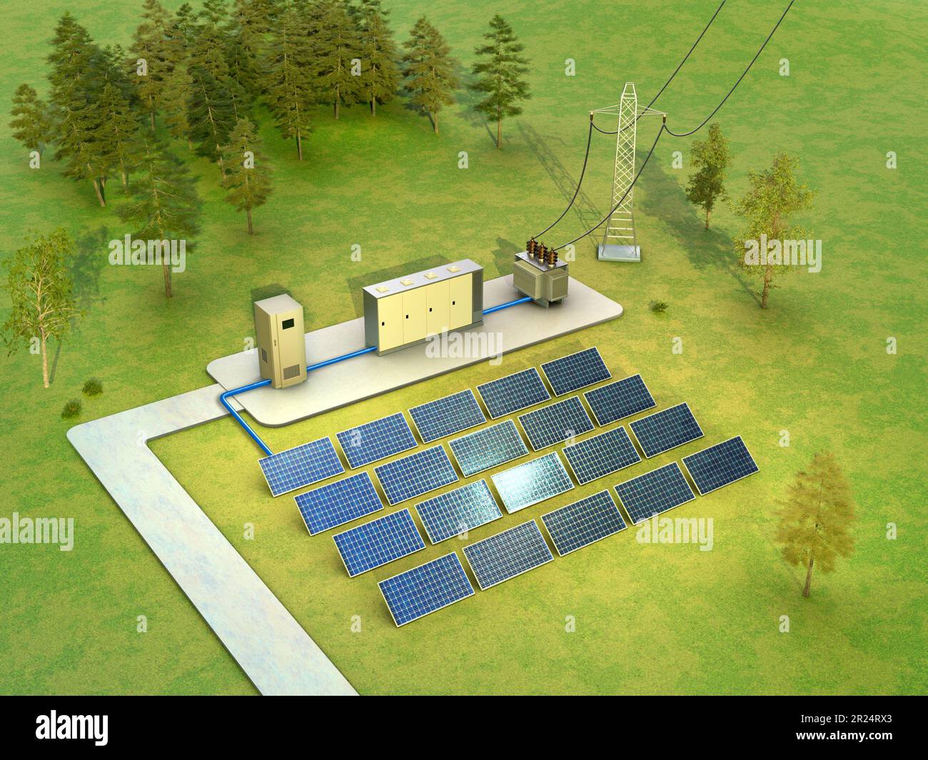 Solar power plant schematic including an inverter, battery and transformer. Digital illustration, 3D render. Stock Photo