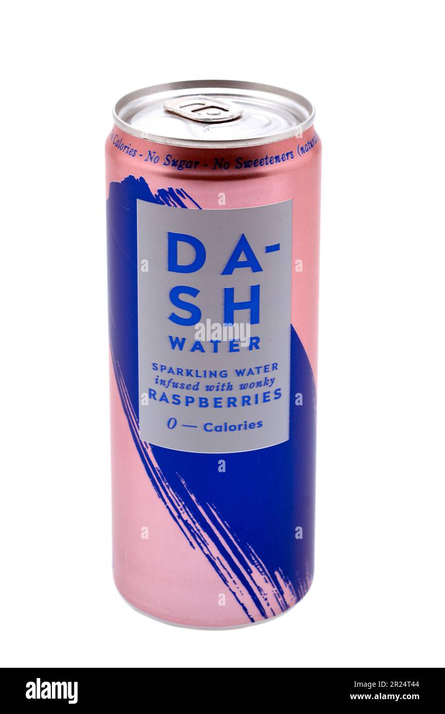 Can of Dash Sparkling Water infused with Raspberries Stock Photo