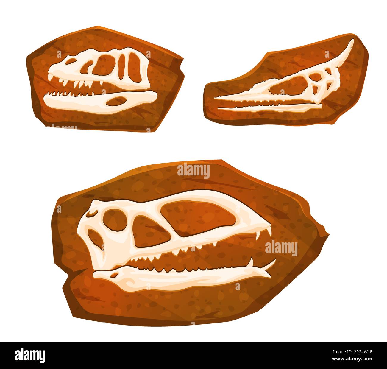 Ancient fossil, dinosaur skulls imprints in stone. Vector Layers of