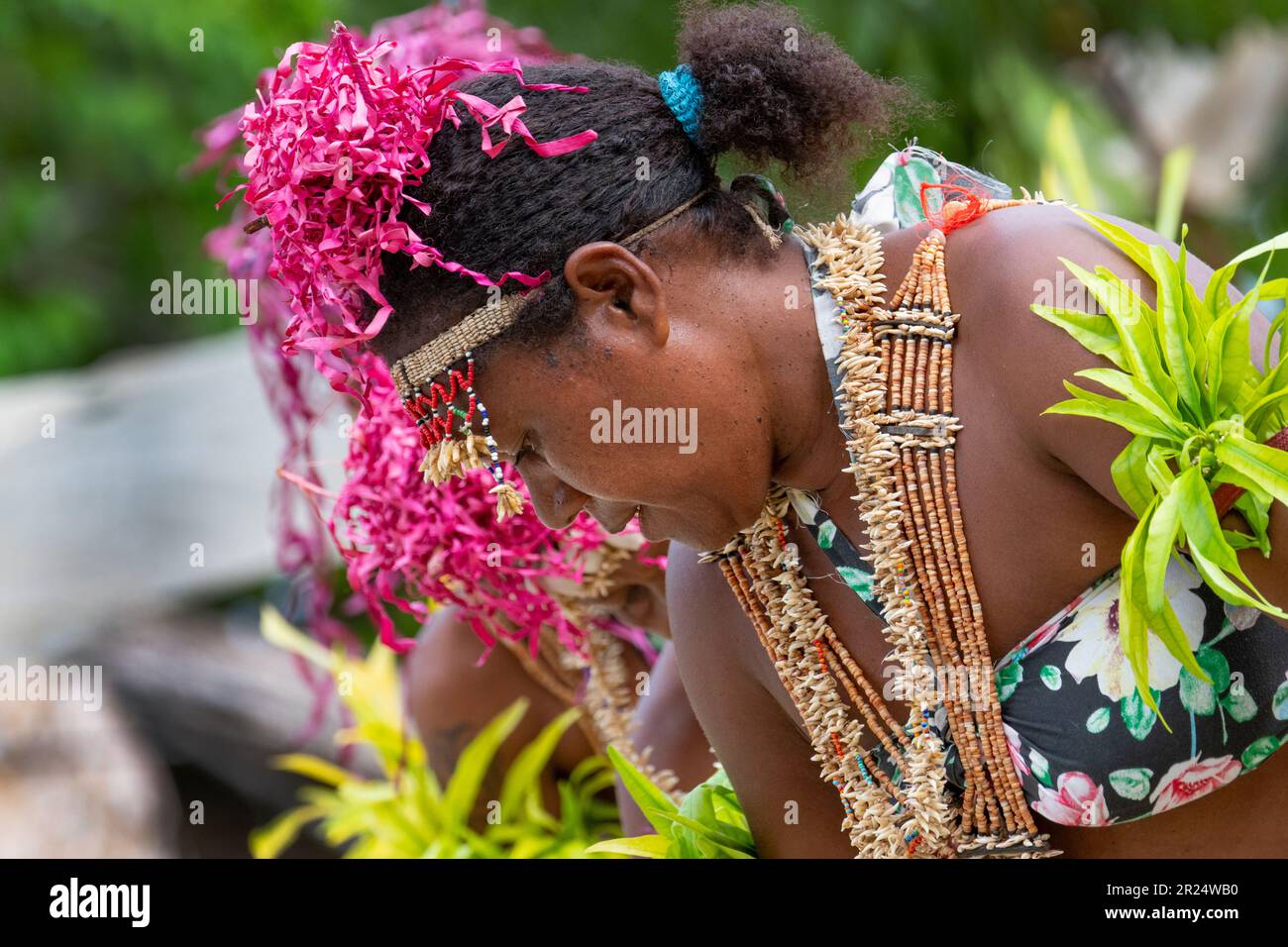 Makira-Ulawa Province, Solomon Islands, island of Owaraha or Owa Raha  (formerly known as Santa Ana), village of Gupuna. Traditional folkloric  performance of typical Women's Dance, shell trim on costumes Stock Photo 