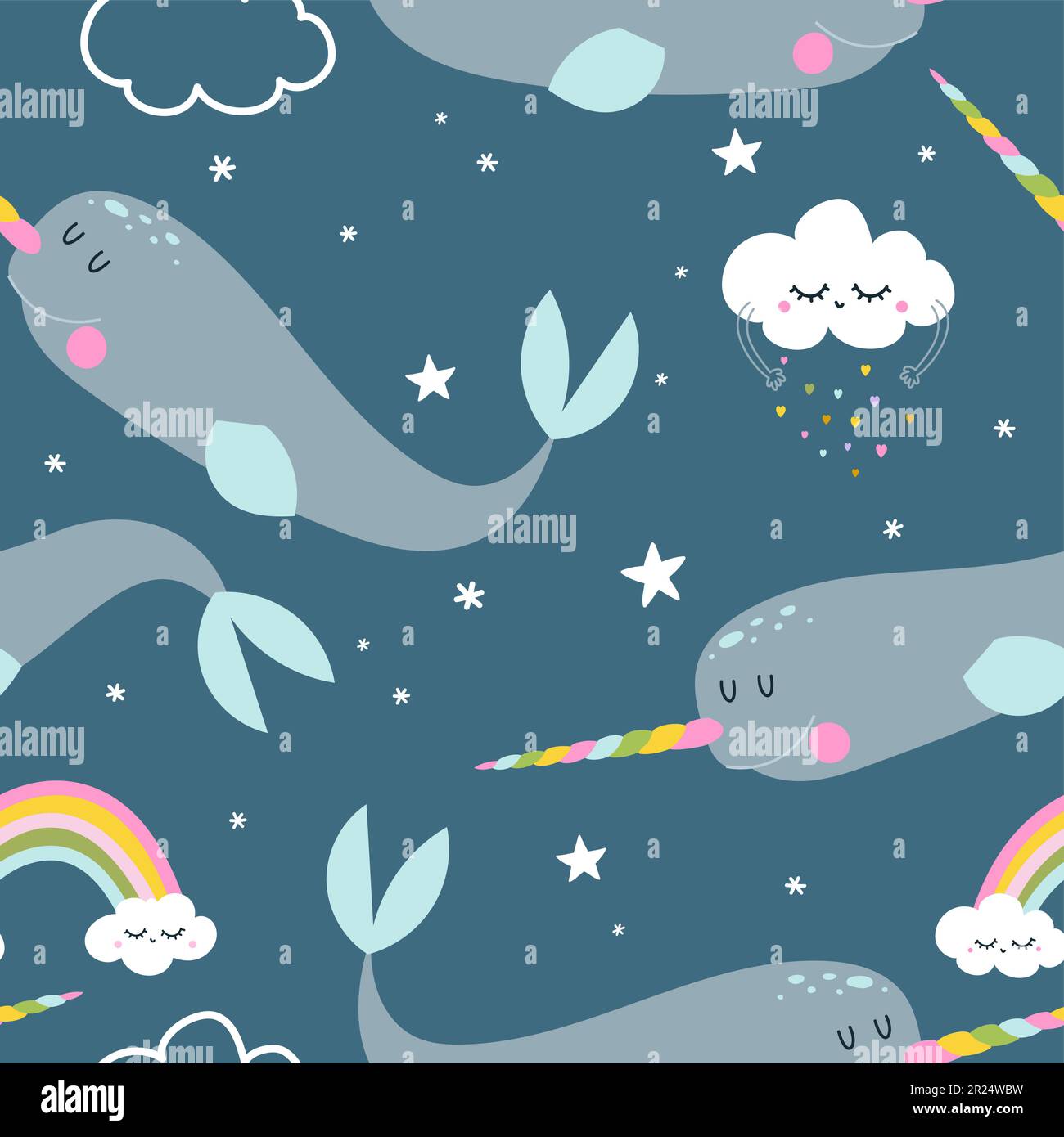 Blue Narwhal pattern design with clouds and rainbows - funny hand drawn doodle, seamless pattern. Lettering poster or t-shirt textile graphic design. Stock Vector