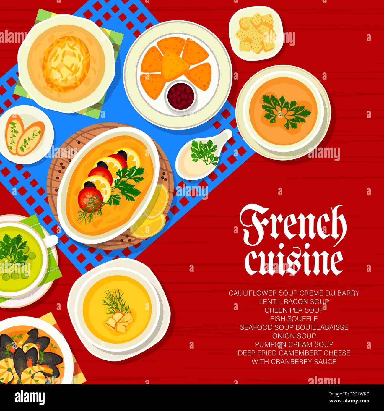 French cuisine restaurant menu cover vector green pea soup, lentil bacon, fish souffle, cauliflower soup creme du barry, pumpkin cream or seafood bouillabaisse, onion soup, food of France Stock Vector