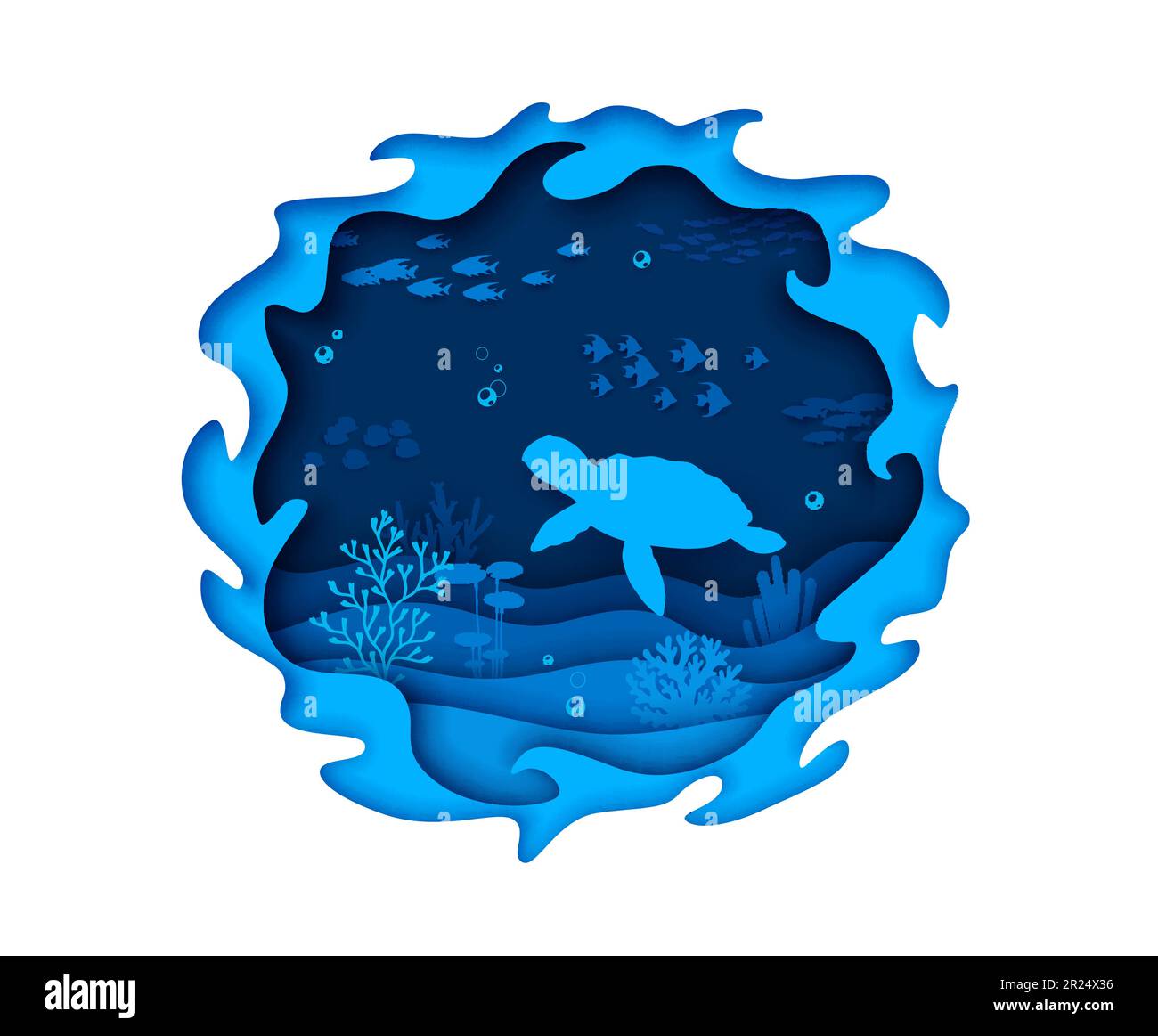 Sea paper cut underwater landscape with turtle and fish shoal ...