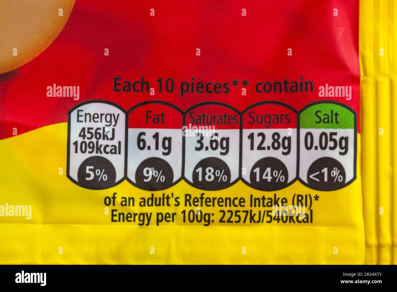 Nutritional information traffic lights system labelling colour coded label information on bag of Nestle Caramac chocolate pieces buttons Stock Photo
