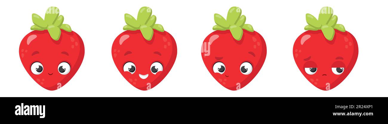 Strawberry cute berry vector illustrations of different emotions Stock ...