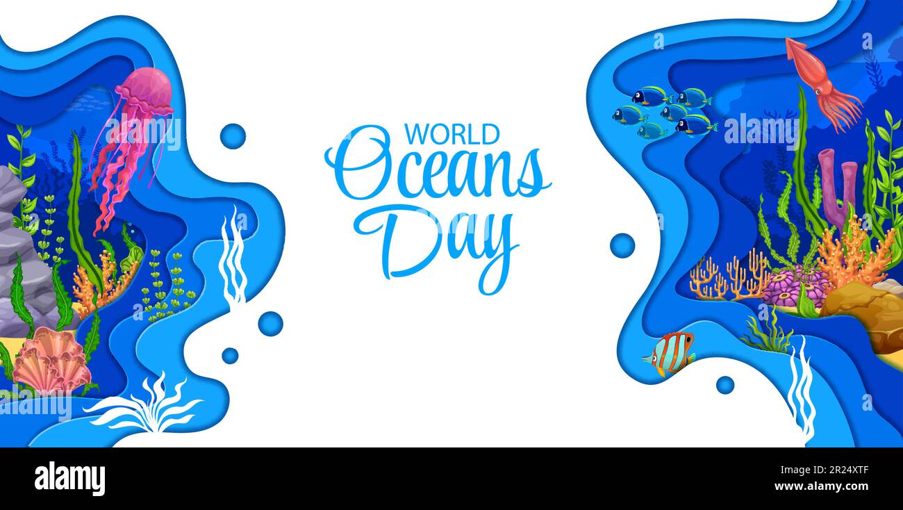 World ocean day banner. Cartoon sea paper cut landscape with seaweeds ...