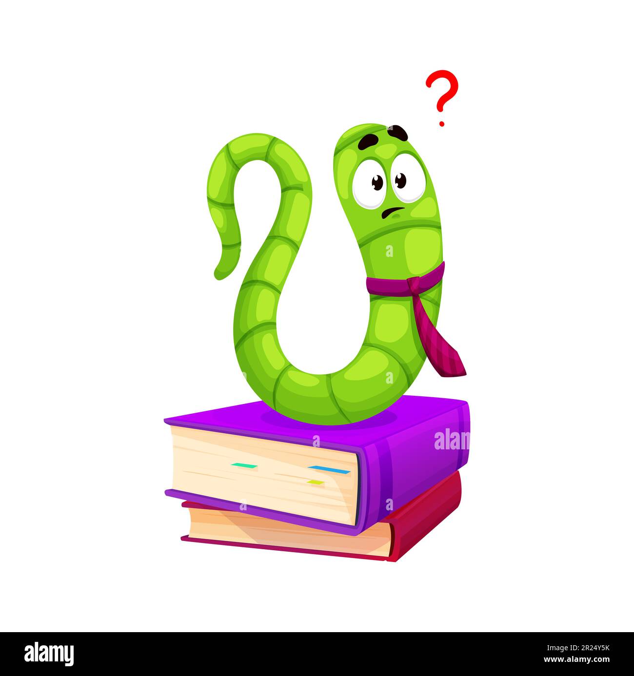 Cartoon bookworm character, book worm animal. Isolated vector confused caterpillar personage sits atop a towering pile of books, wearing a perplexed expression while trying to choose next book to read Stock Vector