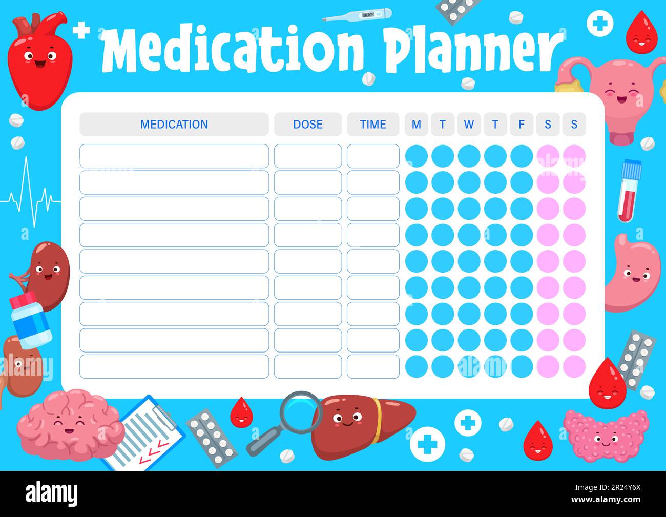 Weekly medication planner. Happy human body characters. Medical prescription week schedule ...
