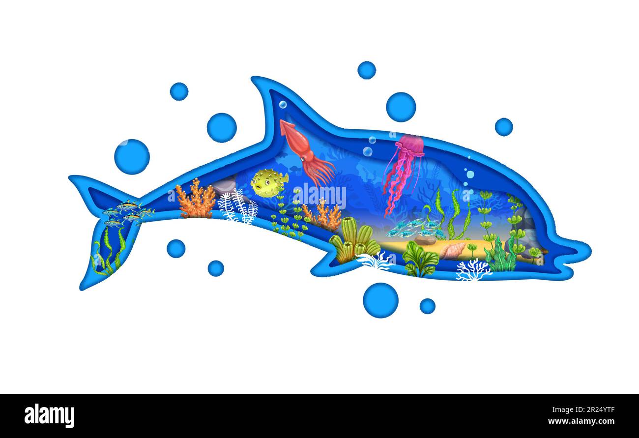 Dolphin paper cut silhouette and cartoon sea underwater landscape with vector fish and seaweeds. Double exposition ocean bottom with blue water waves, jellyfish, squid, puffer fish, corals and bubbles Stock Vector