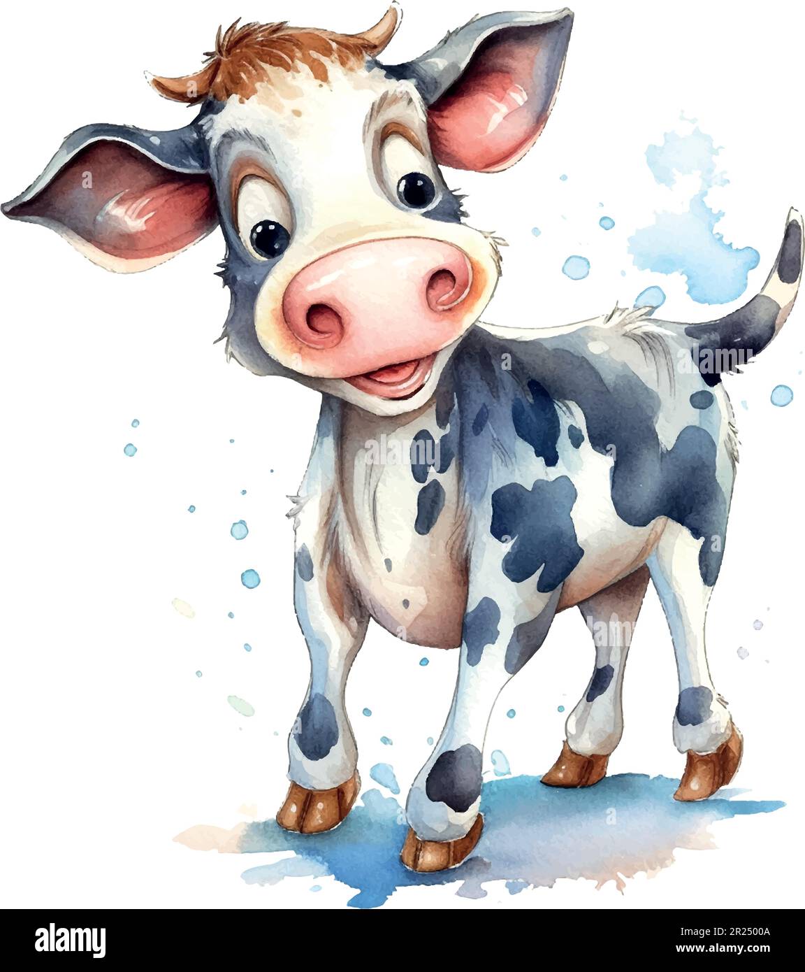 Cow watercolor tender warm colors, appeasement, pasture, white, brown, full height, nature, farm, agriculture, village, farmer, care, milk. Animals co Stock Vector