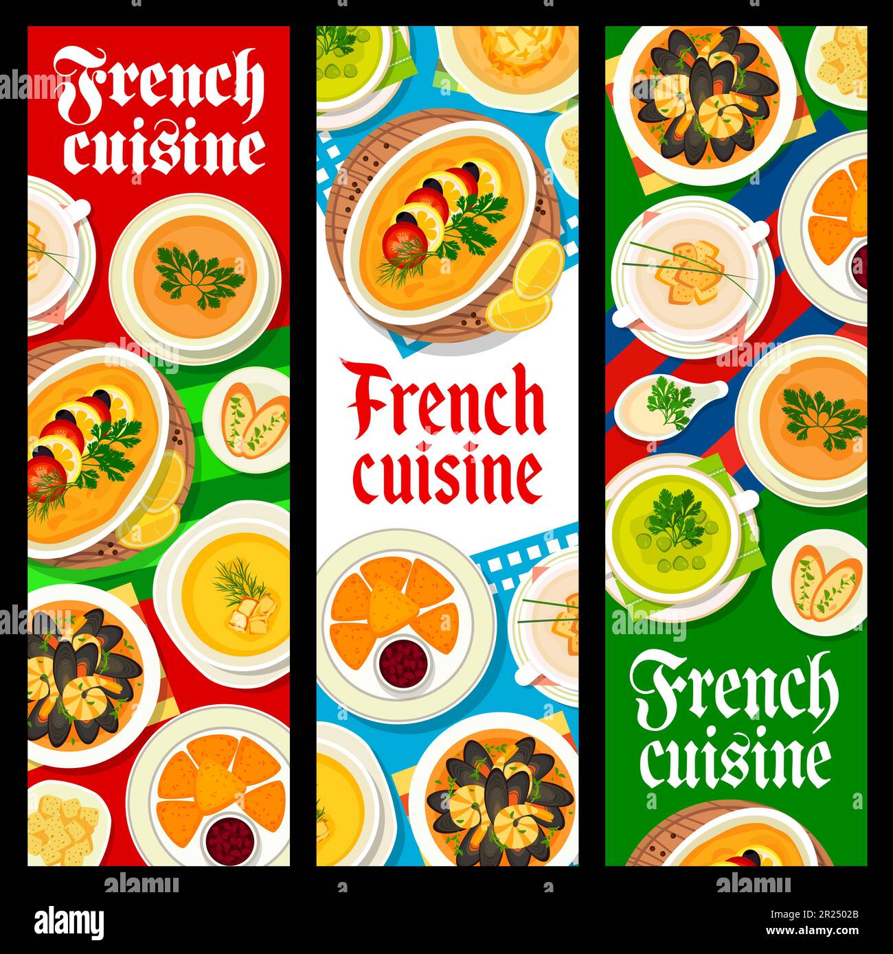 French cuisine restaurant food banners vector fish souffle, creme du barry, pumpkin cream soup. Deep fried camembert cheese with cranberry sauce, seafood soup bouillabaisse, onion soup France dishes Stock Vector