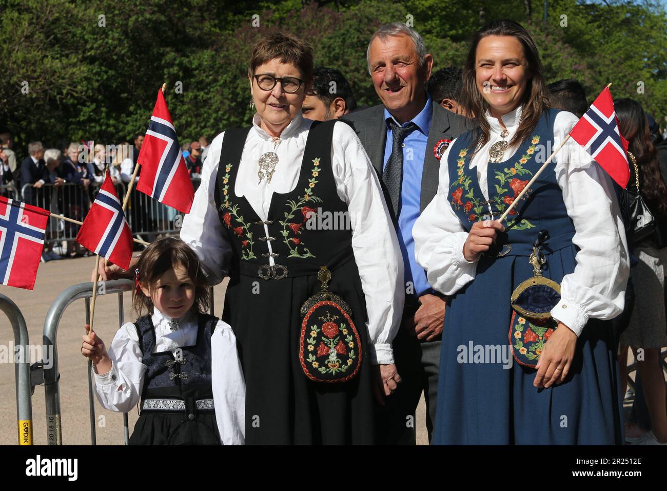 Oslo, Norway. 17th May, 2023. People in traditional costumes celebrate