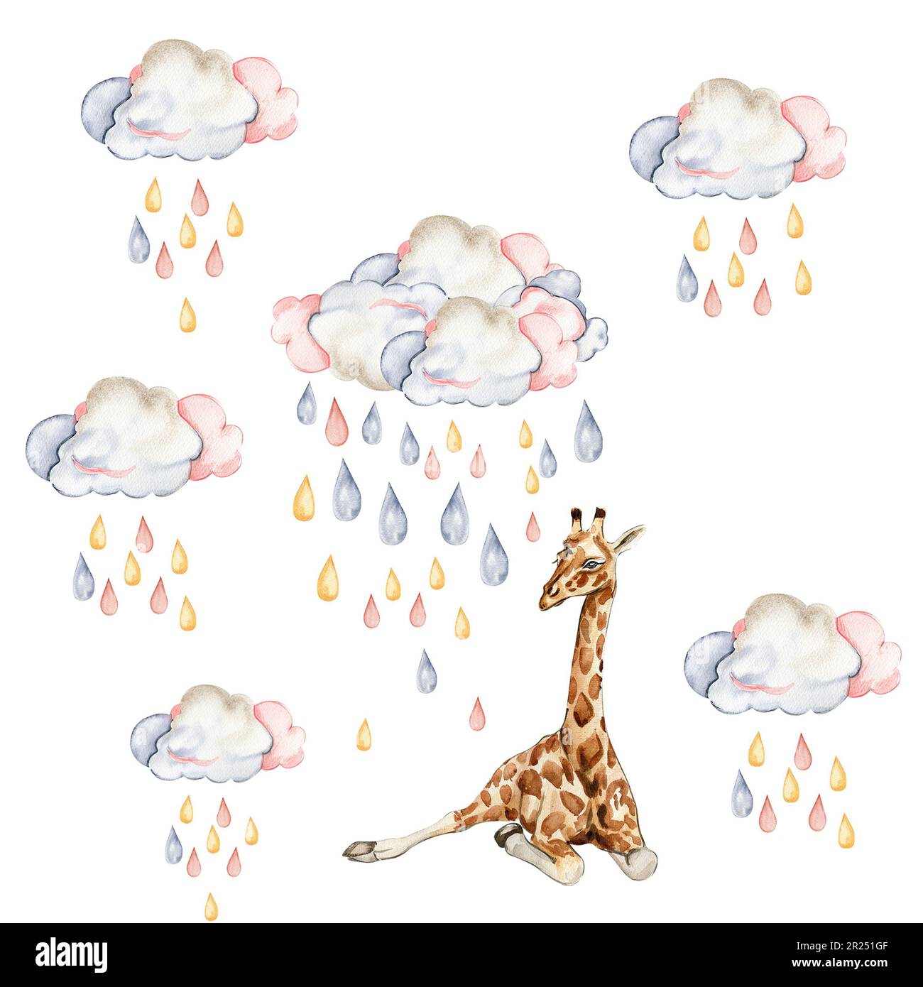 Watercolor hand painted clowds with drops and giraffe seamless pattern. Illustration isolated on white background. Design for fabric, baby shower part Stock Photo
