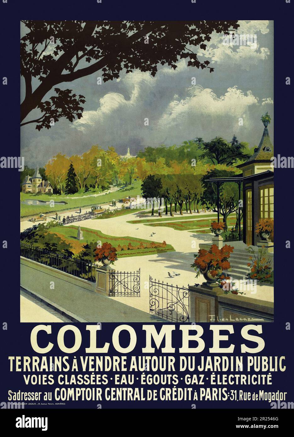 Colombes. Terrains à vendre autour du jardin public by Julien Lacaze (1886-1971). Poster published in 1914 in France. Stock Photo