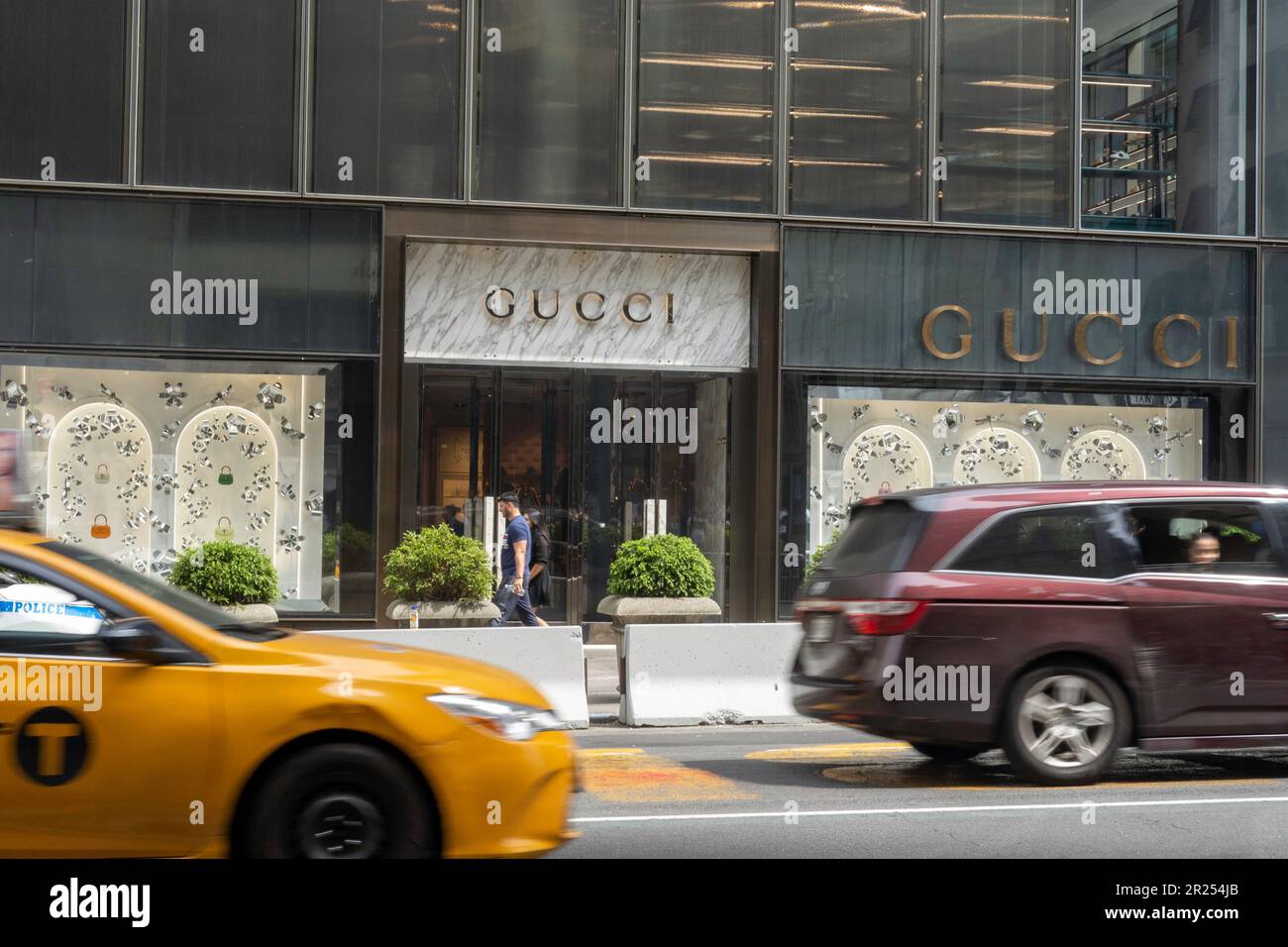 The high end, fashion store, gucci, is located in Trump Tower on fifth