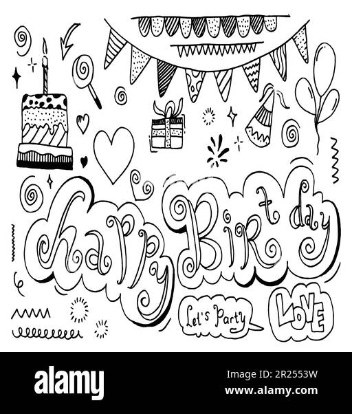 set of hand drawn doodle cartoon objects and symbols on the birthday party. Stock Vector