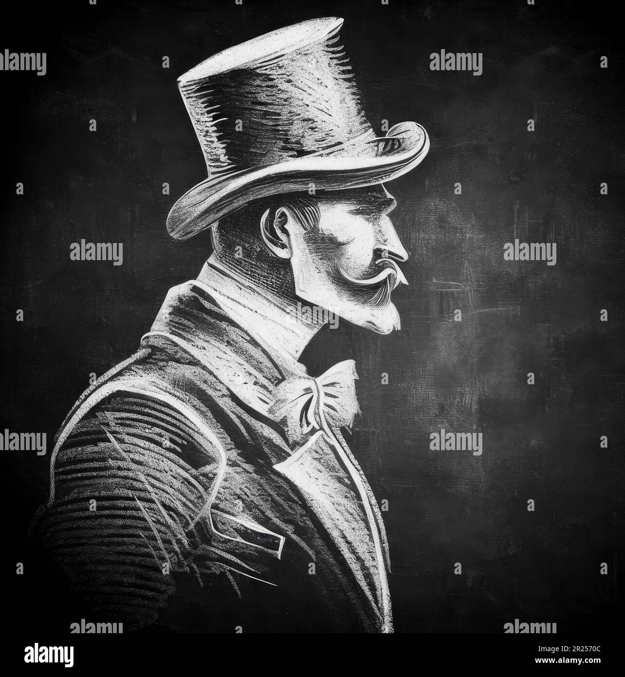 A vintage style abstract chalk sketch of a Victorian gentleman in a top hat, on a chalkboard background Stock Photo