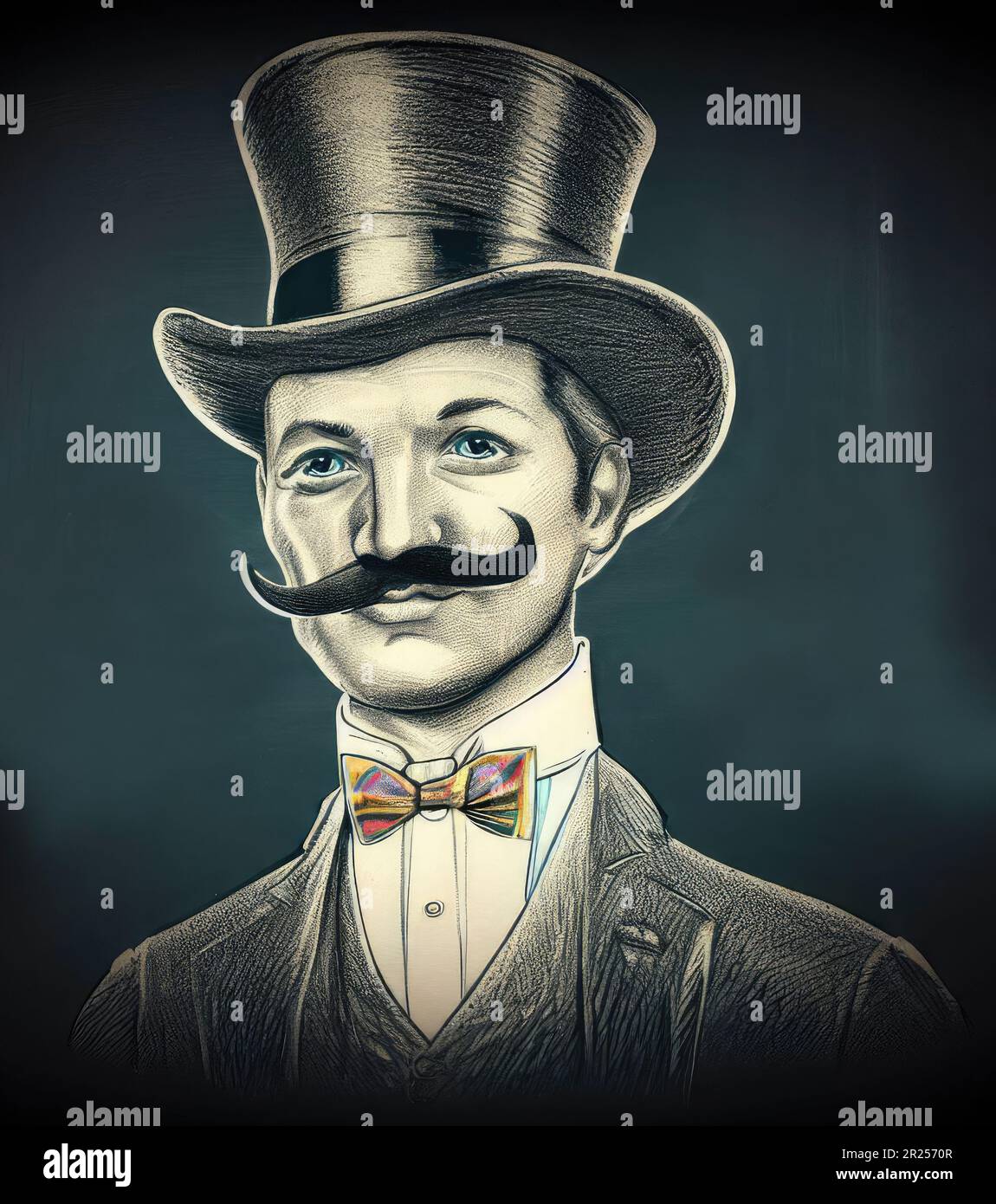 A vintage chalk sketch of a Victorian gentleman in a colorful bowtie and top hat, on a chalkboard background Stock Photo
