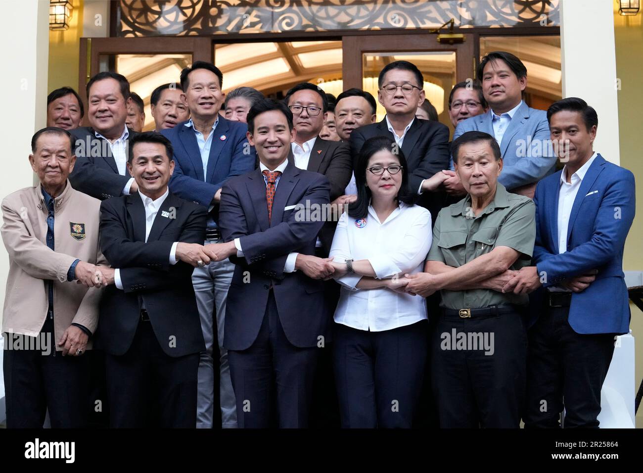 Leader of Prachachat Party Wan Muhamad Noor Matha, left to right Leader of  Pheu Thai party Chonlanan Srikaew, leader of Move Forward Party Pita  Limjaroenrat, leader of Thai Sang Thai party Sudarat