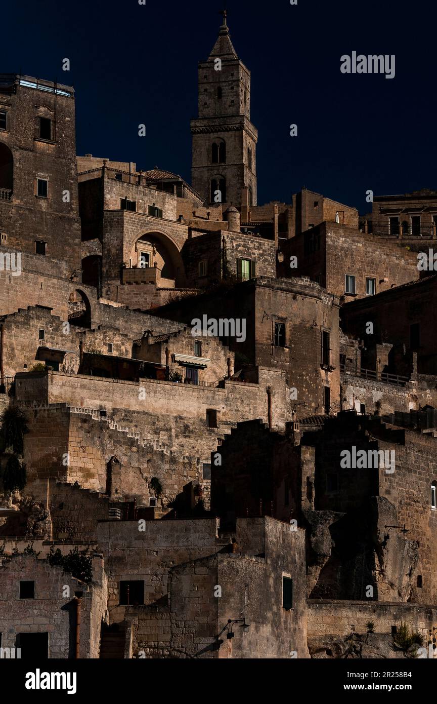 Matera, Basilicata, Italy, founded in about 250 BC, where troglodytes lived in two ‘underground cities’, together known as the Sassi di Matera, that were later joined by rock-hewn churches. Stock Photo