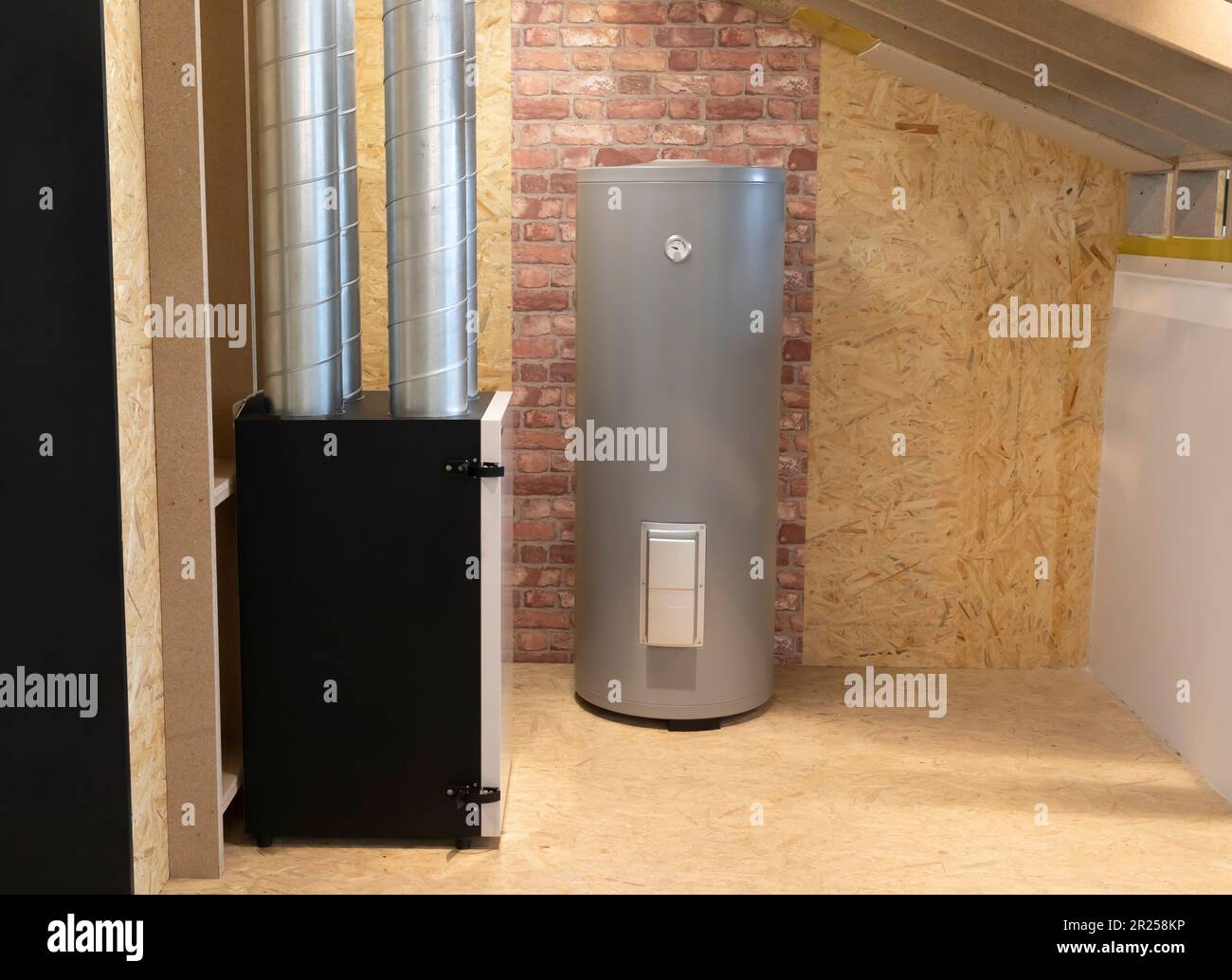 Grey Electric storage water heater with Temperature Display in utility