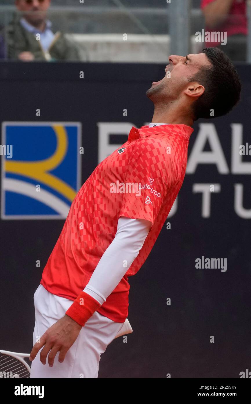 Serbia's Novak Djokovic shouts during the quarter final match against  Denmark's Holger Rune at the Italian Open tennis tournament, in Rome,  Wednesday, May 17, 2023. (AP Photo/Gregorio Borgia Stock Photo - Alamy