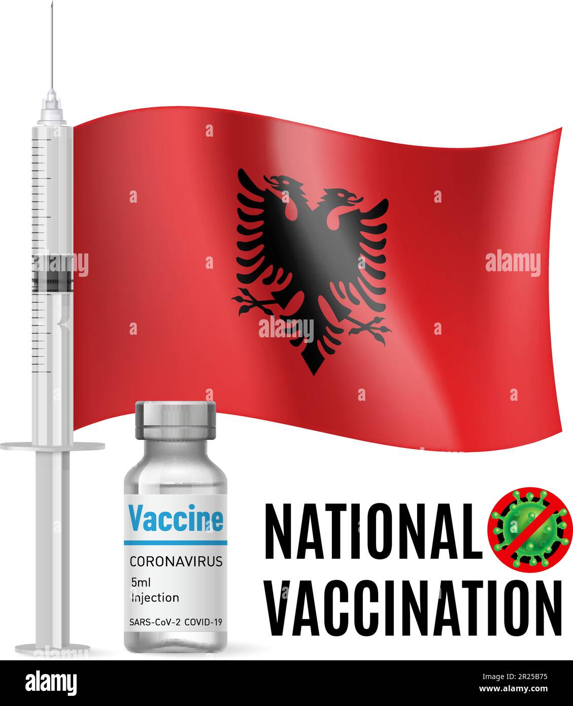 Flag of Albania with Vaccine Immunization Syringe and the Vial of Antibiotic for Vaccination. Concept of Health Care and National Vaccination with Alb Stock Vector
