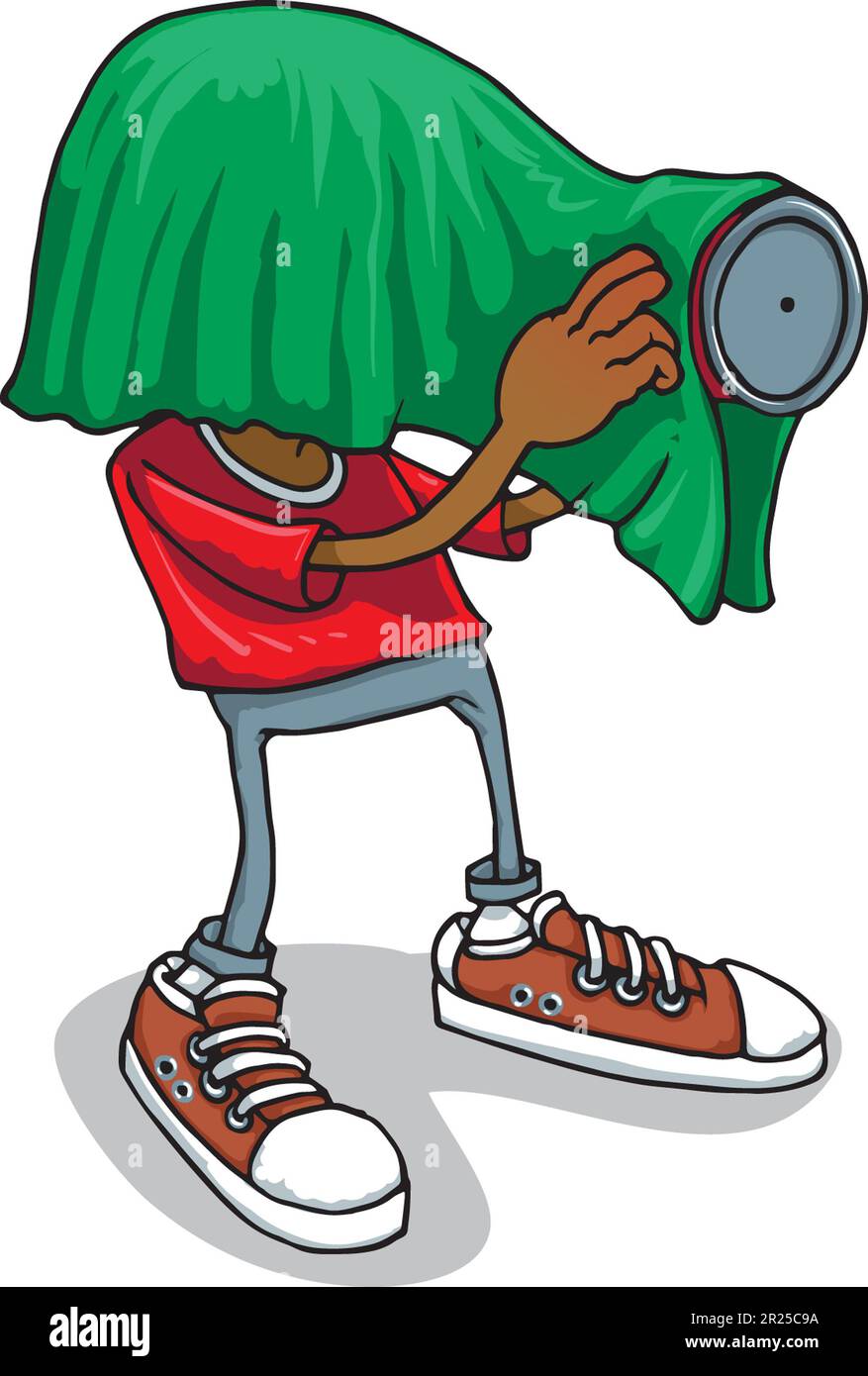 Educational art, young black boy, with a blanket over his head, using a