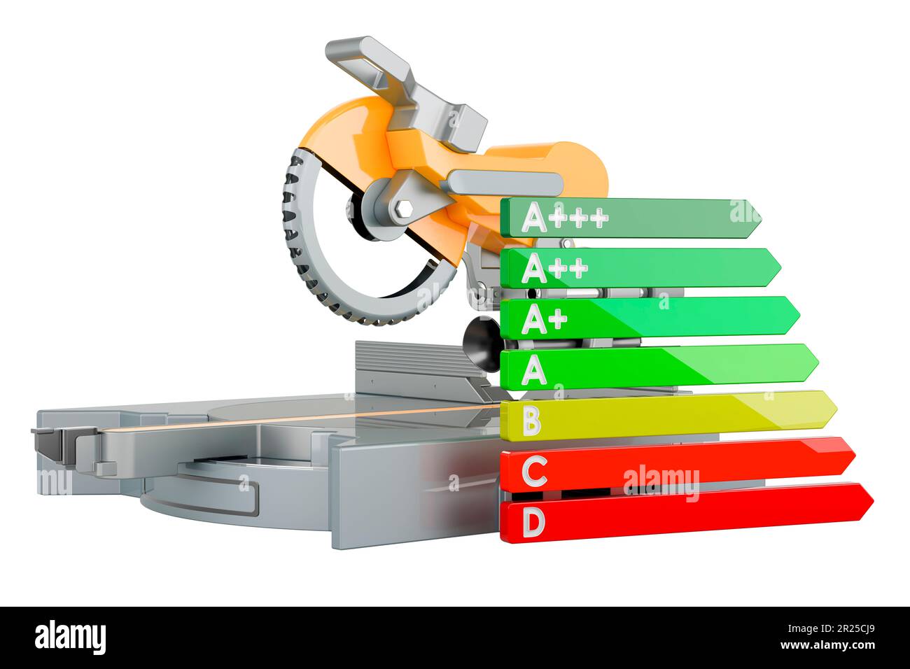 Table circular saw with energy efficiency chart, 3D rendering isolated