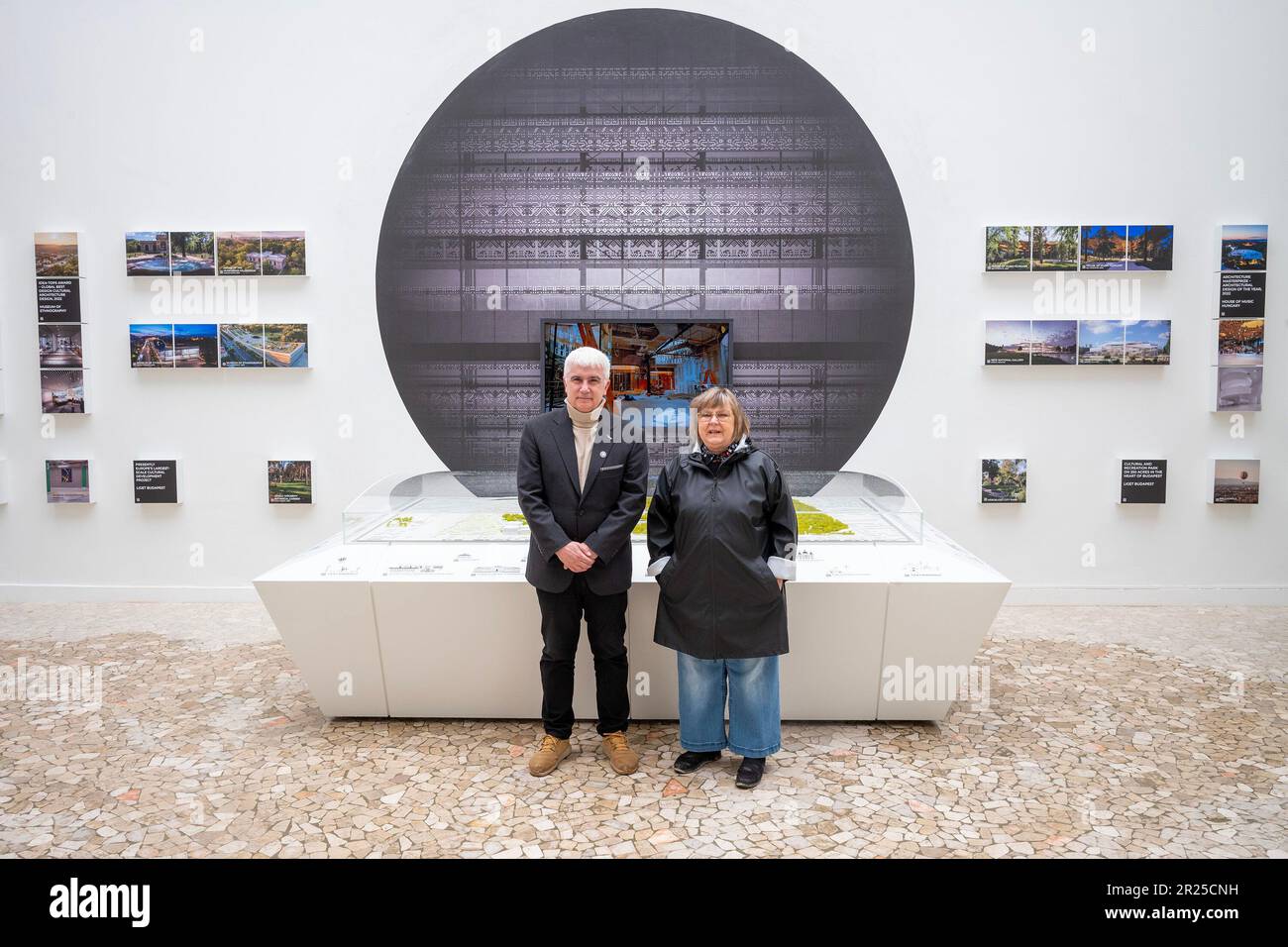 Venice, Italy, 17/05/2023, Curator Julia Fabenyi, and Director of the Ethnographic Museum Lajos Kemecsi pose at. the  Hungarian Pavillion at the Venice Biennale Architecture 2023. Marco Secchi / Alamy Live News Stock Photo