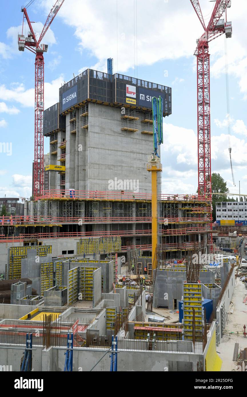 GERMANY, Hamburg, Harbour town, construction site Elb Tower of Signa Holding, financed by Signa Prime Selection AG, company of Signa Holding, Signa Holding was founded by Austrian real estate developer René Benko , also owner of Karstadt Kaufhaus Stock Photo