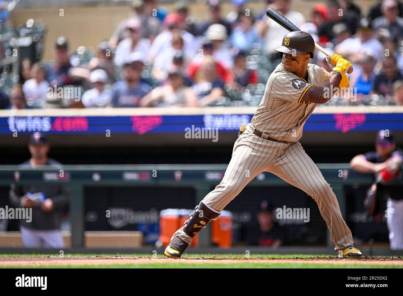 MINNEAPOLIS, MN - MAY 11: San Diego Padres Outfield Juan Soto (22) at the  plate during a MLB game between the Minnesota Twins and San Diego Padres on  May 11, 2023, at