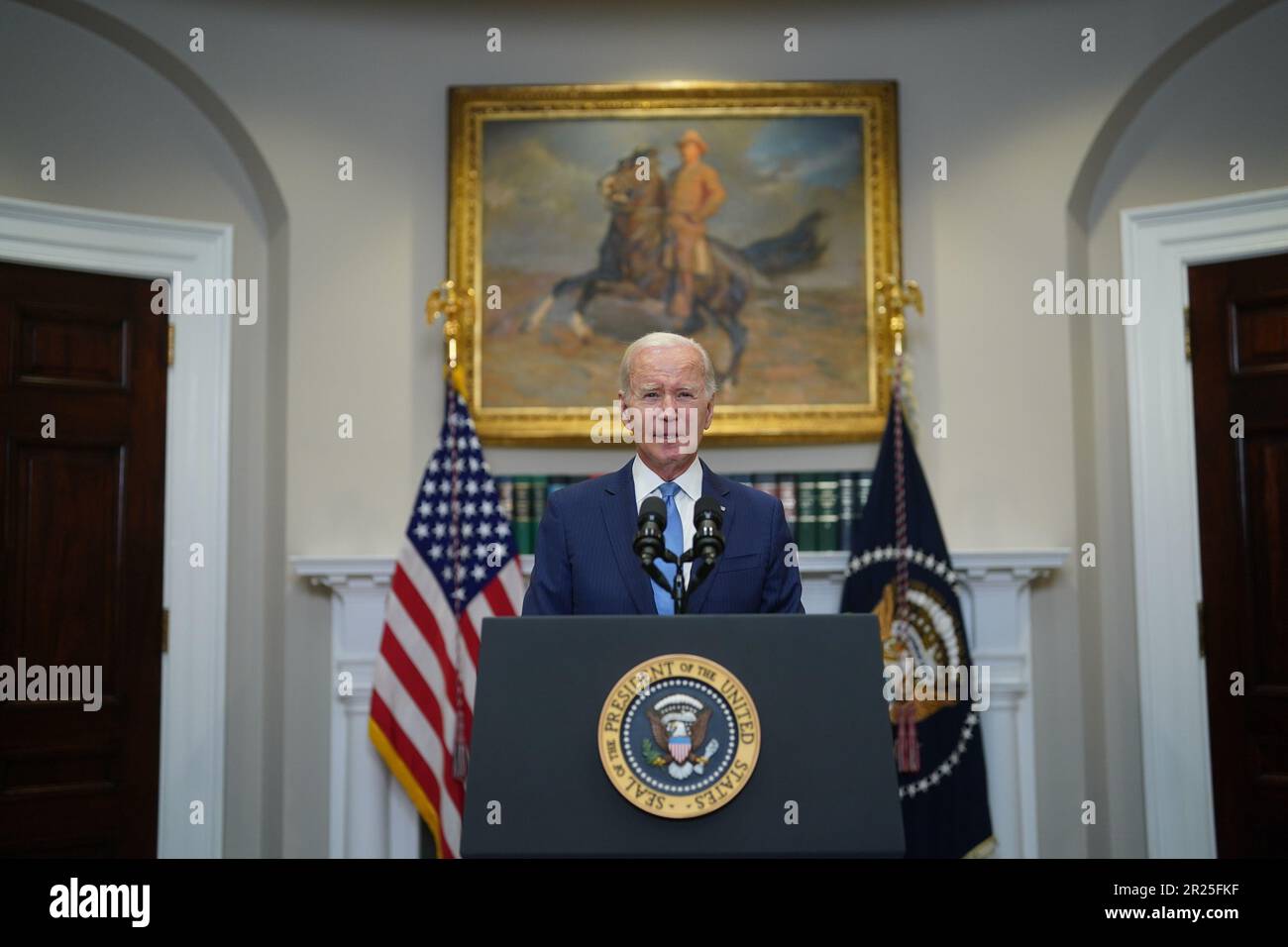 Washington, United States. 17th May, 2023. US President Joe Biden speaks in the Roosevelt Room of the White House in Washington, DC, US, on Wednesday, May 17, 2023. Biden expressed confidence that negotiators would reach an agreement to avoid a catastrophic default, seeking to reassure markets before he departs on a trip to Japan. Photo by Al Drago/UPI Credit: UPI/Alamy Live News Stock Photo